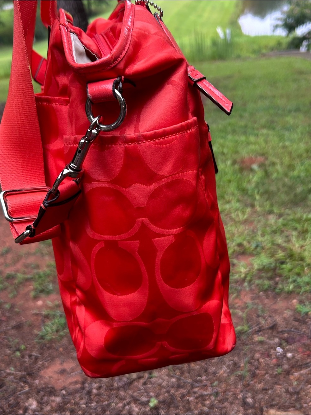 Coach F77577 Signature Nylon Diaper Bag Travel Tote Coral Red Crossbody - Picture 8 of 16